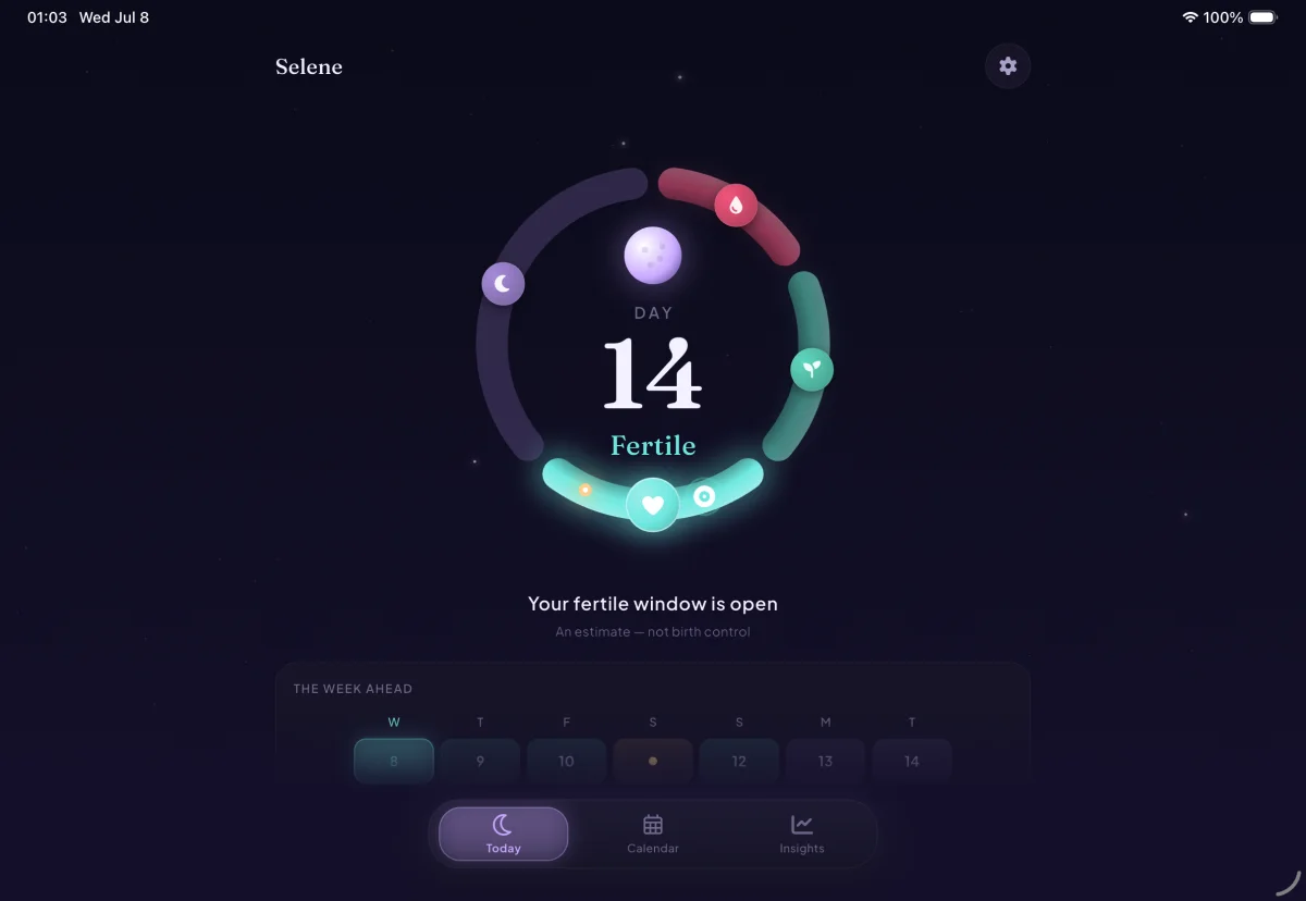 Athena running on iPad in landscape, showing the moon-phase cycle ring on a wide layout.
