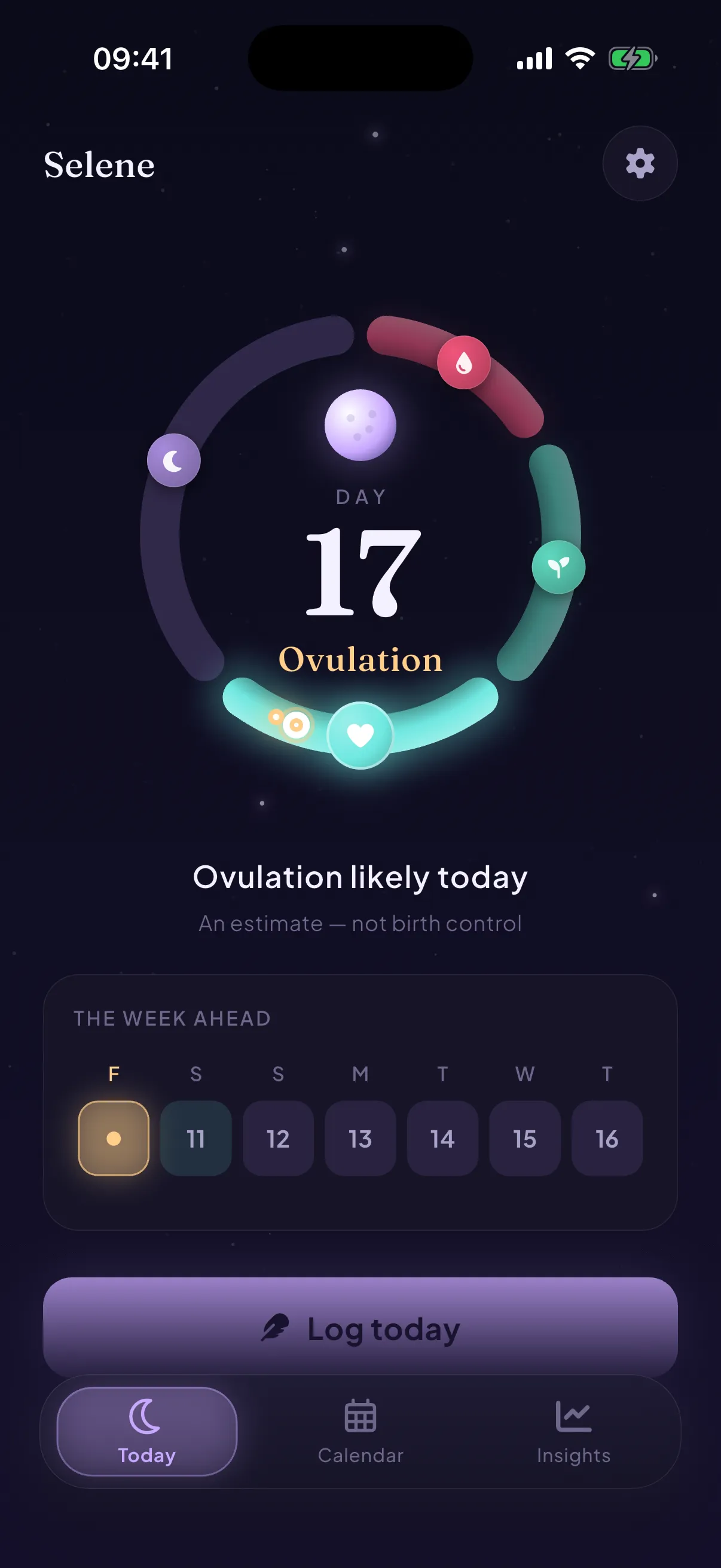 The Today screen with the moon-phase cycle ring at cycle day 17.